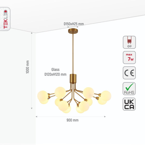 TEKLED White Globe Glass Gold Arm Body Pendant Chandelier Ceiling Light G9 - 9 Globe or 12 Globe.