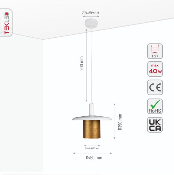 White-Golden Metal Caged Flat Pendant Ceiling Light E27
