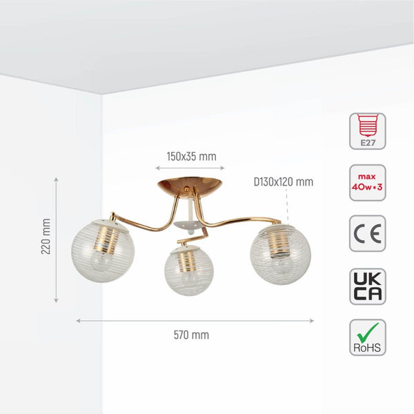White Striped Clear Globe Gold Semi Flush Ceiling Light E27