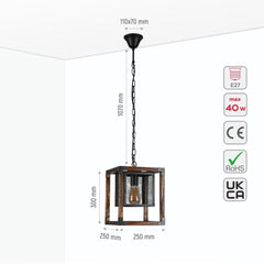 Wood Cube Black Cage Lantern Rustic Pendant Ceiling Light E27