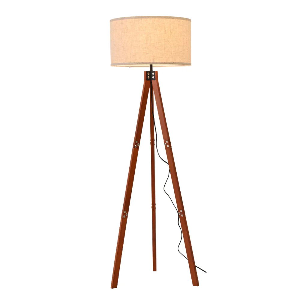 Mid-century Wooden Tripod Vintage Floor Lamp Dark Brown Flaxen