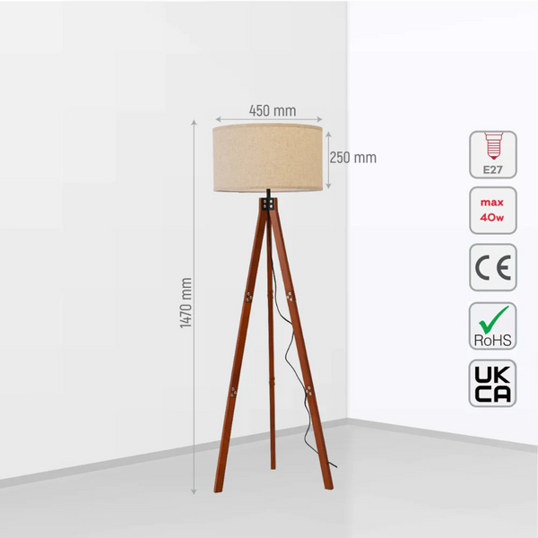 Mid-century Wooden Tripod Vintage Floor Lamp Dark Brown Flaxen
