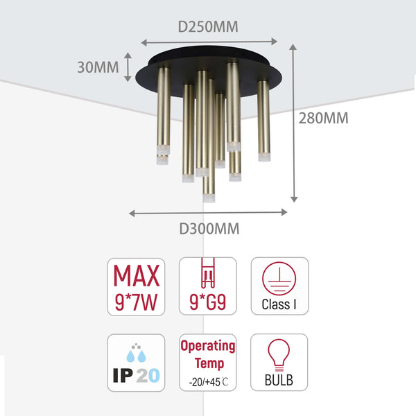 Modern 9-Light Gold Cylinder Ceiling Light with Frosted Diffusers