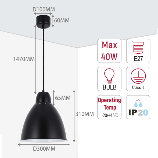 Modern Bell Pendant Light – 300mm Diameter, E27 Fitting, Adjustable Cable