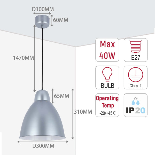 Modern Bell Pendant Light – 300mm Diameter, E27 Fitting, Adjustable Cable