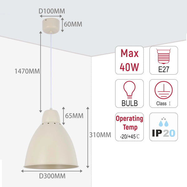 Modern Bell Pendant Light – 300mm Diameter, E27 Fitting, Adjustable Cable