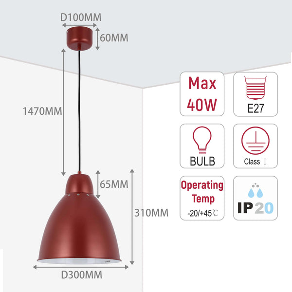 Modern Bell Pendant Light – 300mm Diameter, E27 Fitting, Adjustable Cable
