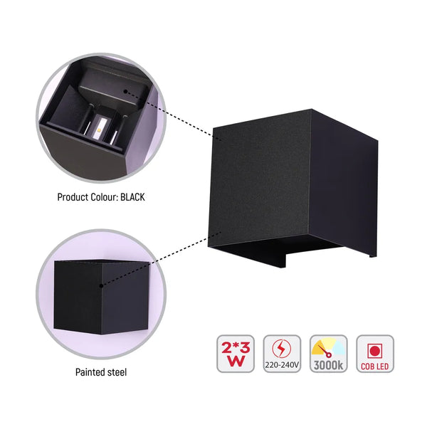 Modern Cube LED Wall Light, Dual Beam IP54, 2x3W 3000K Warm White Outdoor & Indoor Lighting