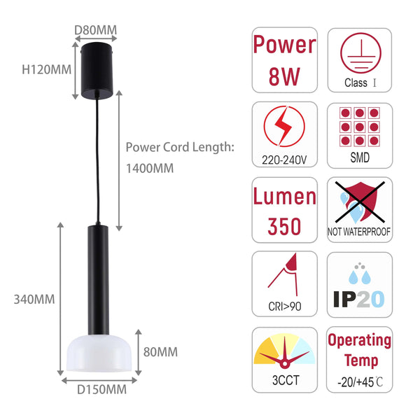 Minimalist Cylindrical LED Pendant Light - 8W, 3CCT, 340mm Length