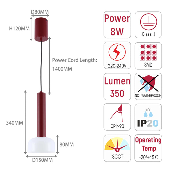 Minimalist Cylindrical LED Pendant Light - 8W, 3CCT, 340mm Length