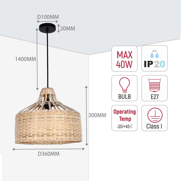 Woven Rattan & Bamboo Pendant Light - E27 Fitting, 40W Max, Dimmable