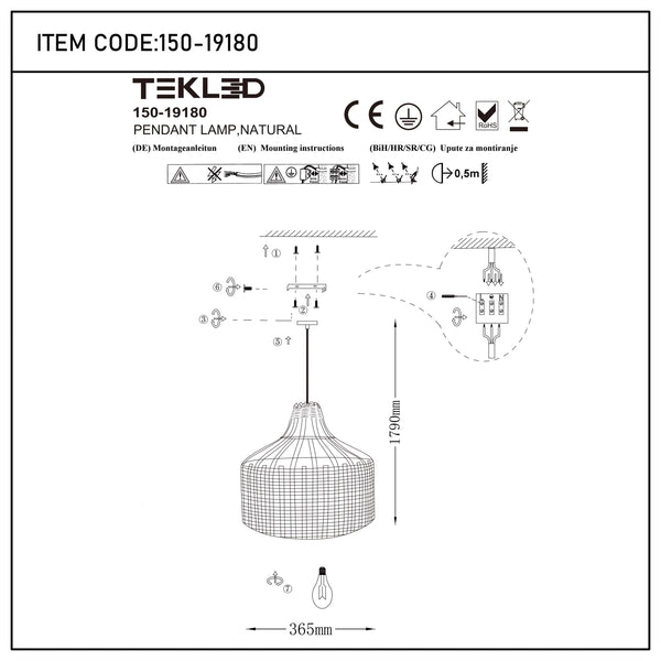 Woven Rattan & Bamboo Pendant Light - E27 Fitting, 40W Max, Dimmable