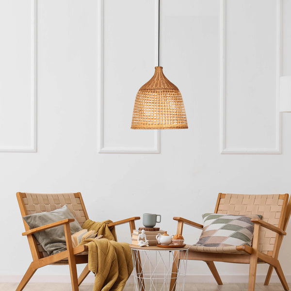 Woven Rattan & Bamboo Pendant Light - E27 Fitting, 40W Max, Dimmable