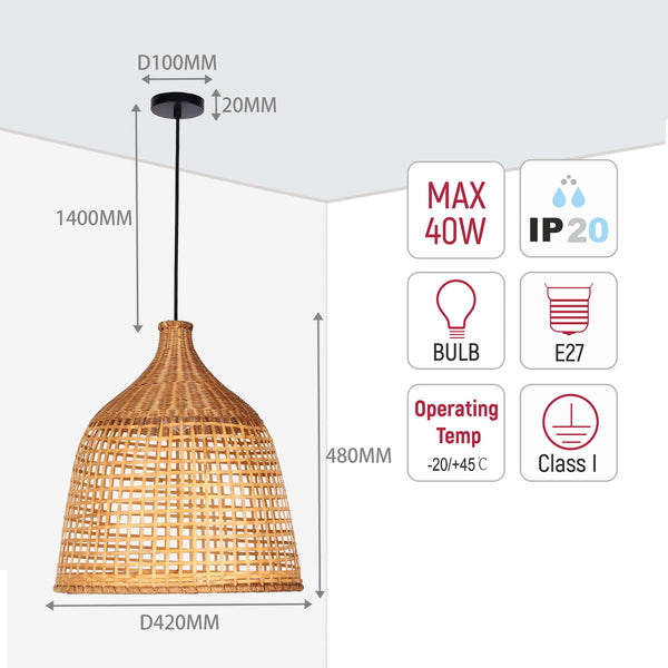 Woven Rattan & Bamboo Pendant Light - E27 Fitting, 40W Max, Dimmable