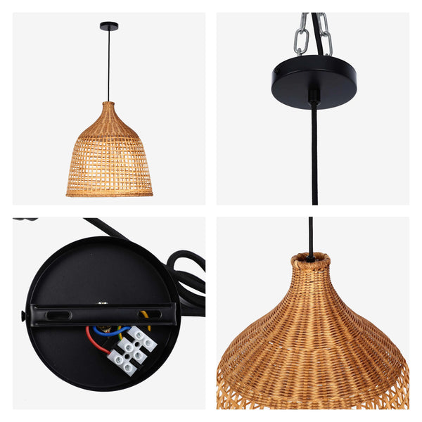 Woven Rattan & Bamboo Pendant Light - E27 Fitting, 40W Max, Dimmable