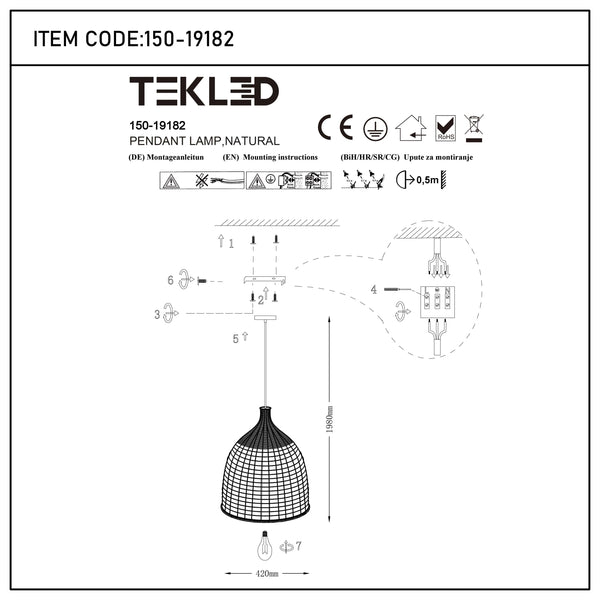 Woven Rattan & Bamboo Pendant Light - E27 Fitting, 40W Max, Dimmable