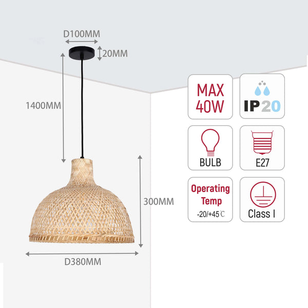 Woven Rattan & Bamboo Pendant Light - E27 Fitting, 40W Max, Dimmable