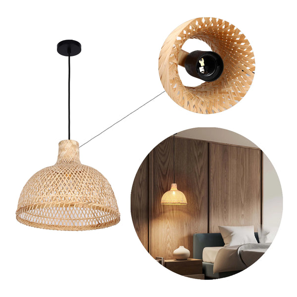 Woven Rattan & Bamboo Pendant Light - E27 Fitting, 40W Max, Dimmable