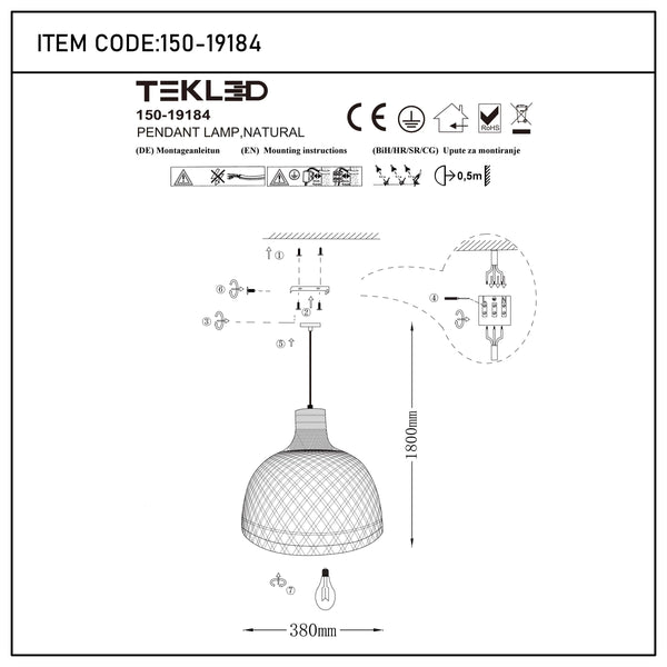 Woven Rattan & Bamboo Pendant Light - E27 Fitting, 40W Max, Dimmable