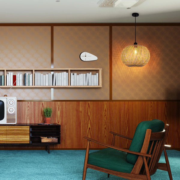 Woven Rattan & Bamboo Pendant Light - E27 Fitting, 40W Max, Dimmable