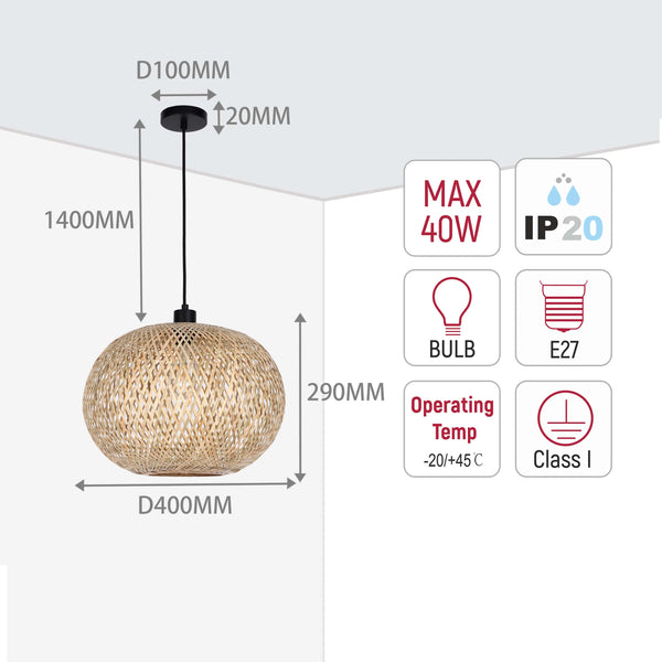 Woven Rattan & Bamboo Pendant Light - E27 Fitting, 40W Max, Dimmable