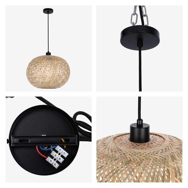 Woven Rattan & Bamboo Pendant Light - E27 Fitting, 40W Max, Dimmable