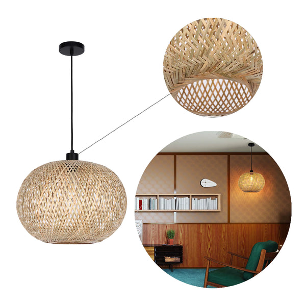 Woven Rattan & Bamboo Pendant Light - E27 Fitting, 40W Max, Dimmable