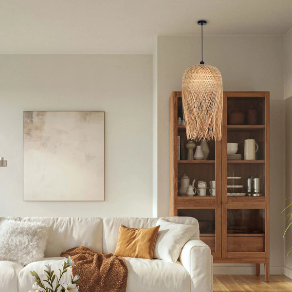 Woven Rattan & Bamboo Pendant Light - E27 Fitting, 40W Max, Dimmable
