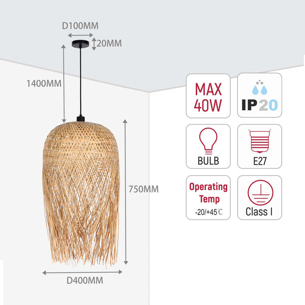 Woven Rattan & Bamboo Pendant Light - E27 Fitting, 40W Max, Dimmable