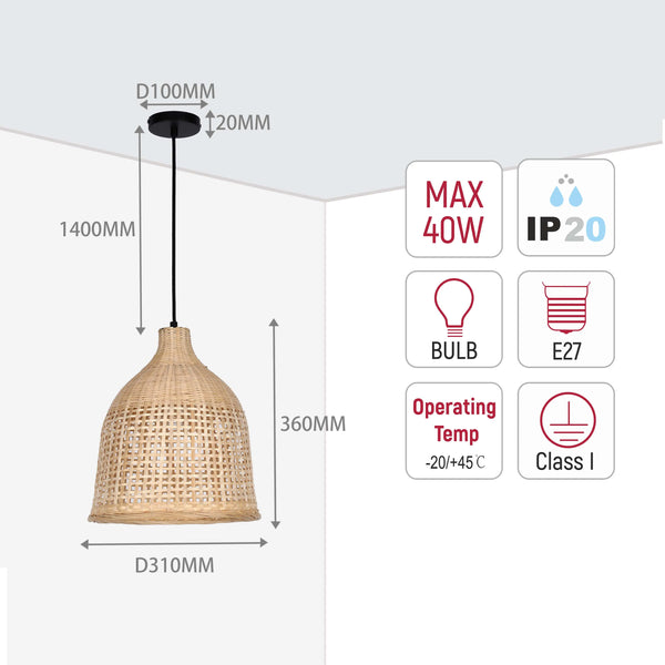 Woven Rattan & Bamboo Pendant Light - E27 Fitting, 40W Max, Dimmable