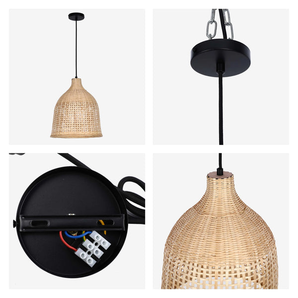 Woven Rattan & Bamboo Pendant Light - E27 Fitting, 40W Max, Dimmable