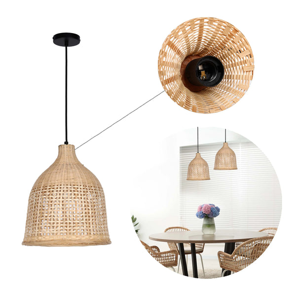 Woven Rattan & Bamboo Pendant Light - E27 Fitting, 40W Max, Dimmable