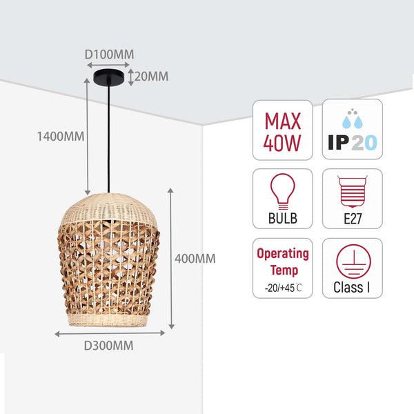 Woven Rattan & Bamboo Pendant Light - E27 Fitting, 40W Max, Dimmable