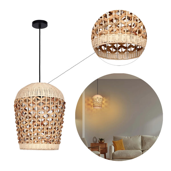 Woven Rattan & Bamboo Pendant Light - E27 Fitting, 40W Max, Dimmable