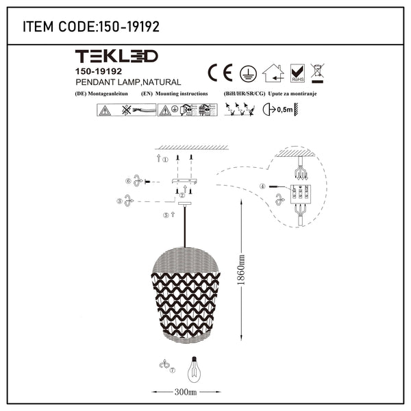 Woven Rattan & Bamboo Pendant Light - E27 Fitting, 40W Max, Dimmable