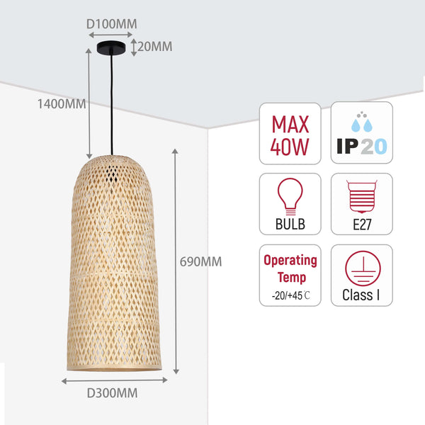 Woven Rattan & Bamboo Pendant Light - E27 Fitting, 40W Max, Dimmable