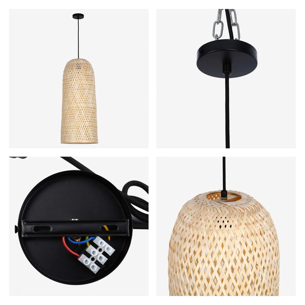 Woven Rattan & Bamboo Pendant Light - E27 Fitting, 40W Max, Dimmable