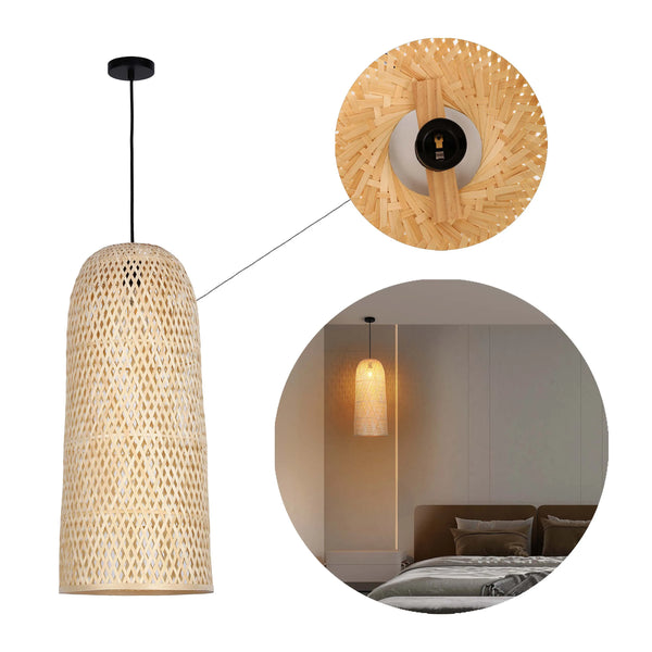 Woven Rattan & Bamboo Pendant Light - E27 Fitting, 40W Max, Dimmable