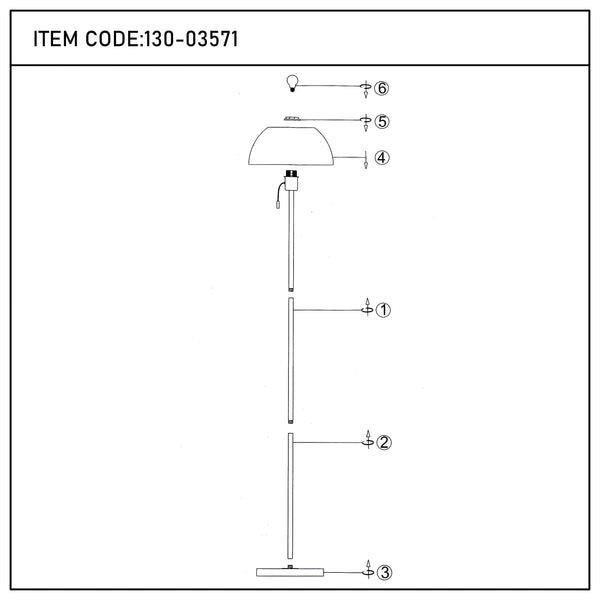 Modern Dome Floor Lamp – E27 Fitting, 1440mm Height, Pull Cord Switch