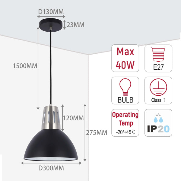 Modern Dome Pendant Light – E27 Fitting, 280mm Diameter, Dimmable
