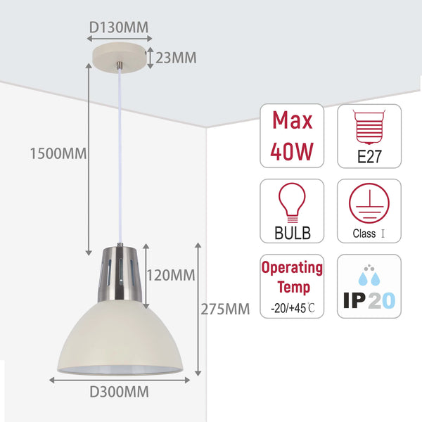 Modern Dome Pendant Light – E27 Fitting, 280mm Diameter, Dimmable