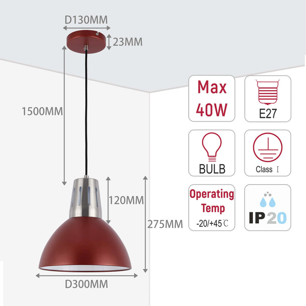 Modern Dome Pendant Light – E27 Fitting, 280mm Diameter, Dimmable