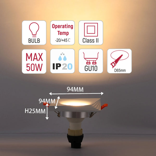 Square Recessed GU10 Downlight - 94mm, Dimmable, Aluminium Frame