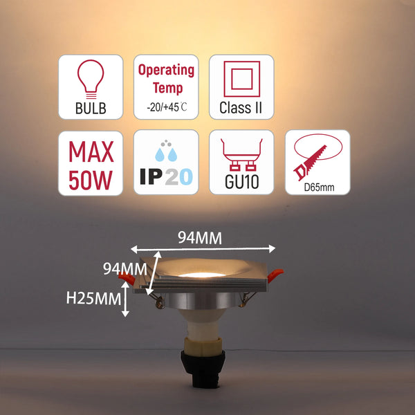 Square Recessed GU10 Downlight - 94mm, Dimmable, Aluminium Frame