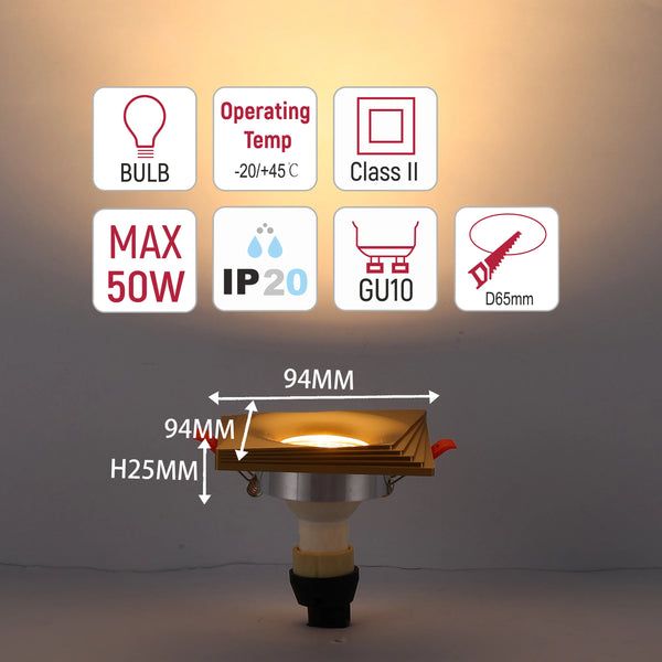 Square Recessed GU10 Downlight - 94mm, Dimmable, Aluminium Frame