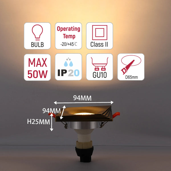 Square Recessed GU10 Downlight - 94mm, Dimmable, Aluminium Frame