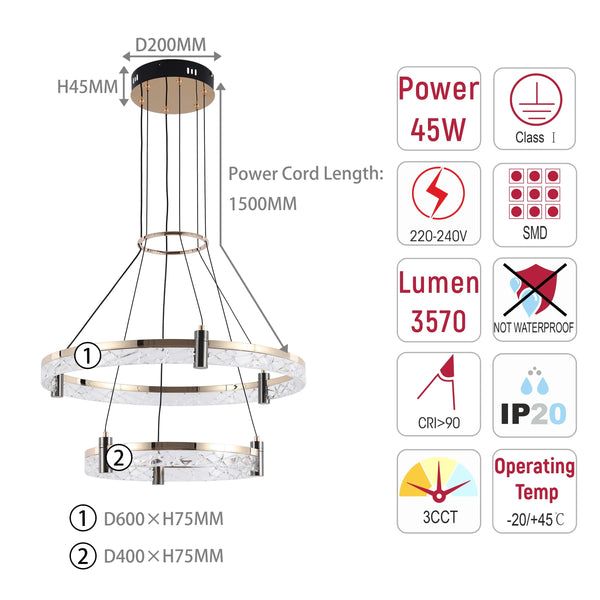 Modern LED Chandelier, Tiered Crystal Ring Pendant Light
