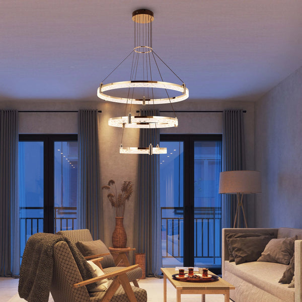 Modern LED Chandelier, Tiered Crystal Ring Pendant Light