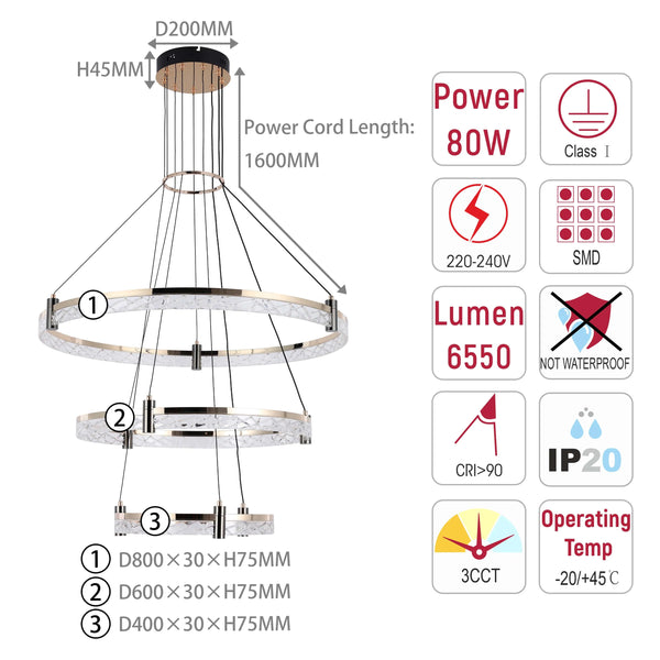 Modern LED Chandelier, Tiered Crystal Ring Pendant Light