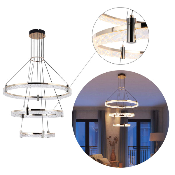 Modern LED Chandelier, Tiered Crystal Ring Pendant Light